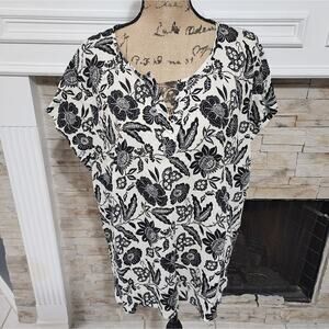 JONES New York black and white linen blend floral boho v neck shirt plus size 2X